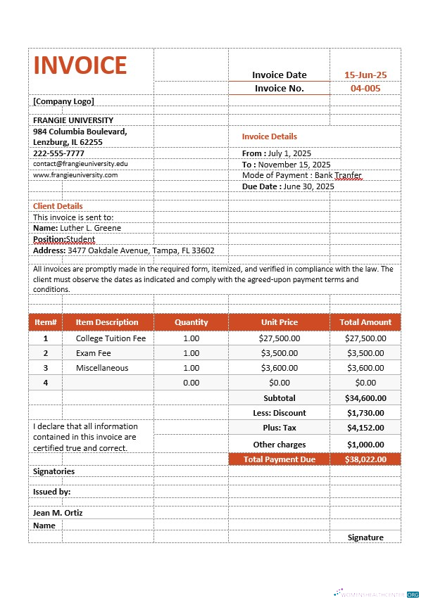Download College Tuition Invoice Template Photoshop template